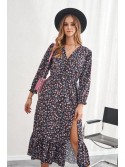 Rochie lejera florala cu fanta, neagra si mov 04500 - Magazin online - Boutique